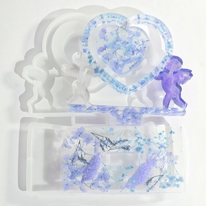 Detailed silicone resin mold set featuring Cupid, heart frames, and rectangular base