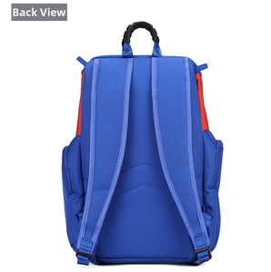 Detail view of the blue sports backpack with padded adjustable straps and side mesh pockets