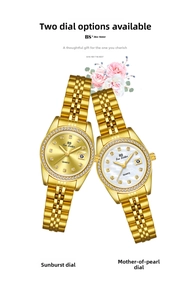 Close-up of gold quartz watch featuring a mother of pearl dial and crystal markers
