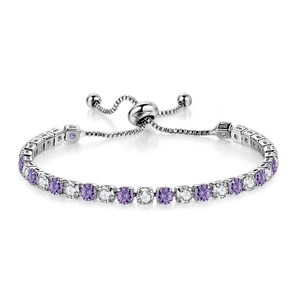 Detail of adjustable tennis bracelet with alternating purple and white round gemstones