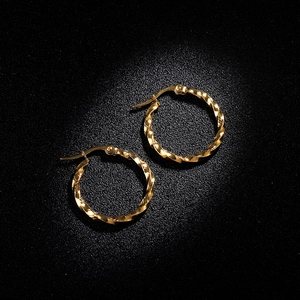 Polished gold stainless steel twisted rope hoop earrings with high metallic luster shine