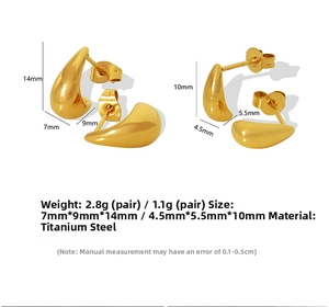 Detailed view of polished gold teardrop stud earrings in titanium steel with measurements