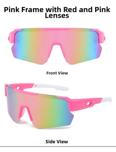 Front and side views of pink outdoor cycling sunglasses with colorful mirrored lenses