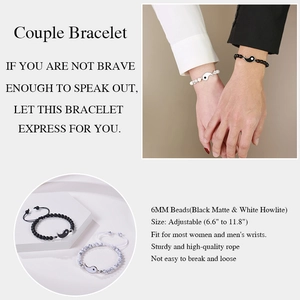 Detail view of adjustable Yin Yang couple bracelets with 6mm matte black and white howlite beads