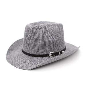 Chapeau Panama en paille grise à large bord avec boucle de ceinture en cuir noir
