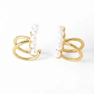 Elegant gold plated double layer ear cuffs with five white pearls on white background