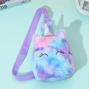 Detail of colorful gradient unicorn plush crossbody bag showing the glitter horn and embroidery
