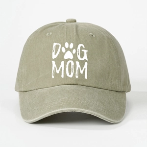 Vintage washed khaki cotton baseball cap with DOG MOM embroidery for sun protection