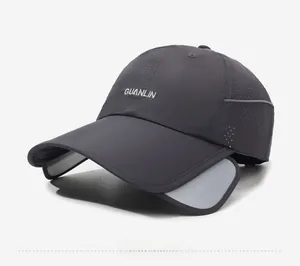 Detail of dark grey sun hat with retractable side brims and breathable mesh panels