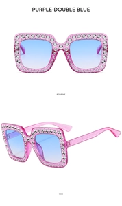 Detail of purple glitter square sunglasses with blue gradient lenses and rhinestones