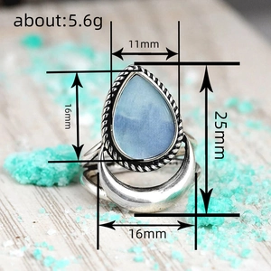 Vintage S925 silver twist ring with water drop blue stone and crescent moon design