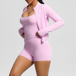 Yoga-Set 3-teilig: Taillierte Zipper-Jacke, Sport-BH und High-Waist Radlerhose in Rosa