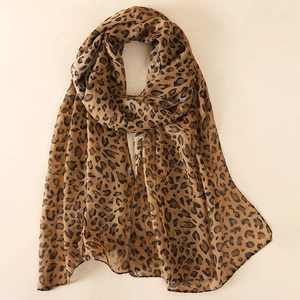 Detailed texture of lightweight leopard print chiffon scarf in classic brown and black tones