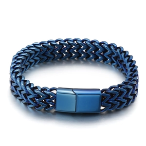Men's double-layered deep blue titanium steel woven chain bracelet with flat buckle
