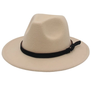 Close-up of beige fedora hat with black faux leather belt and gold metal buckle detail