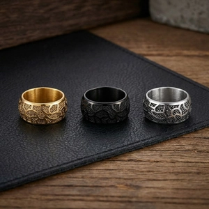 Men's Vintage Stainless Steel Ring Wide Band Irregular Totem Embossed Punk Industrial Style Jewelry
