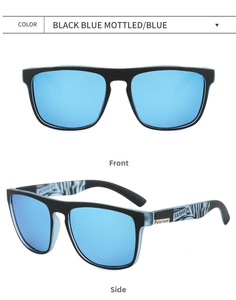 Detail of polarized blue lenses and black blue mottled frame with wave pattern on temples