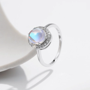 Elegant S925 sterling silver ring with 2ct round moonstone and halo pavé setting