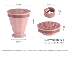 Specifiche dimensionali per una tazza da viaggio pieghevole in silicone rosa da 220ml