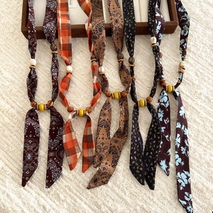 Bohemian ethnic fabric printed beaded necklaces with wood beads and paisley floral patterns