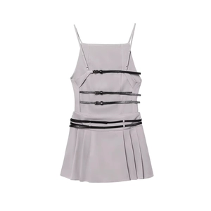 Sexy mauve backless pleated dress featuring gothic punk black leather buckle straps