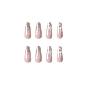 Pink and silver gradient coffin fake nails with white Christmas snowflake patterns
