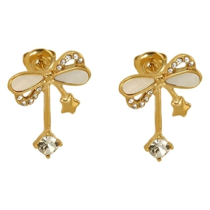 Elegant gold bow earrings with white pearl inlay and dangling zircon stones for women