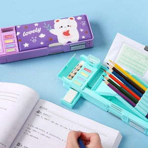 Dual-layer multifunctional kids pencil case with mechanical buttons and built-in sharpener
