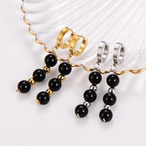 304 Stainless Steel Long Drop Earrings Minimalist Black Round Beaded Geometric Dangle Jewelry Fashion Women Trendy Accessory