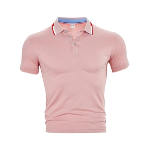 Detail of pink polo shirt collar with red and white contrast stripes and M size label