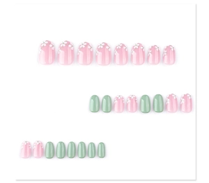 Faux ongles courts ronds avec motifs floraux roses et finition vert Morandi brillant