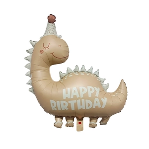 Detail of matte cream dinosaur foil balloon with party hat and Happy Birthday text