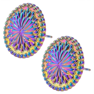 Macro shot of 304 stainless steel stud earrings with colorful rainbow plated finish