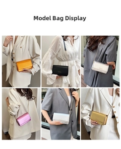 Collage of fashion models wearing metallic chain crossbody bags in five stylish colors
