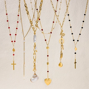 Chic gold titanium steel cross necklaces with pearl and heart pendants for women