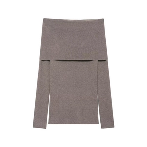 Chic taupe off-the-shoulder knitted top with long sleeves and ribbed texture
