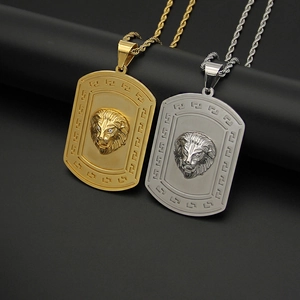 Lion Head Military Tag Pendant Necklace 316L Stainless Steel IP Gold Plated Hiphop Rock Jewelry With Rhinestone Eyes