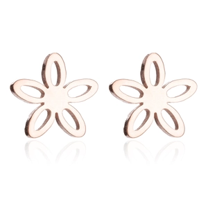 Elegant rose gold flower stud earrings with a hollow floral design and metallic finish