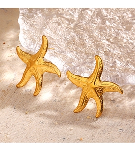 Detailed close-up of golden starfish earrings with textured finish on a glass tray
