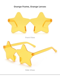 Detail view of orange star-shaped rimless sunglasses made of translucent polycarbonate