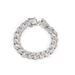 Detailed view of silver oval Cuban link chain necklace with sparkling crystal rhinestones