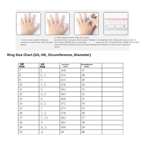Detailed ring size chart for Moissanite wedding rings showing US, HK, and circumference
