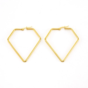 Minimalist gold-plated stainless steel geometric diamond hoop earrings on white background