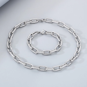 Unisex stainless steel textured link chain set including necklace and bracelet with lobster clasp
