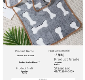 Detail showing grey flannel fleece pet blanket with white bone print and soft texture