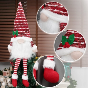 Nordic knitted forest gnome Christmas tree topper decoration with red stripes and holly