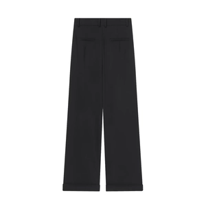 Women's black high-waisted wide-leg trousers back view showing professional sleek fit