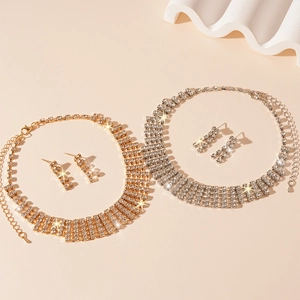 Luxury rhinestone rectangle necklace and earrings set in gold and silver finish