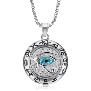 Vintage Egyptian Eye of Horus silver pendant necklace with blue gemstone on white base