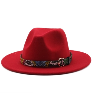 Detail of red fedora hat with snake skin pattern band and golden buckle accessory
